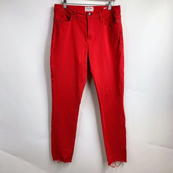 Frame‎ Denim Women's Le High Skinny Stretch Raw Hem in Vintage Red Jeans Size 32 - Picture 1 of 15